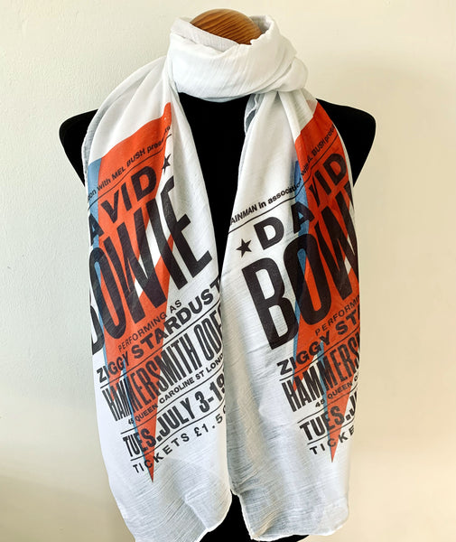 long david bowie scarf with ziggy stardust poster print